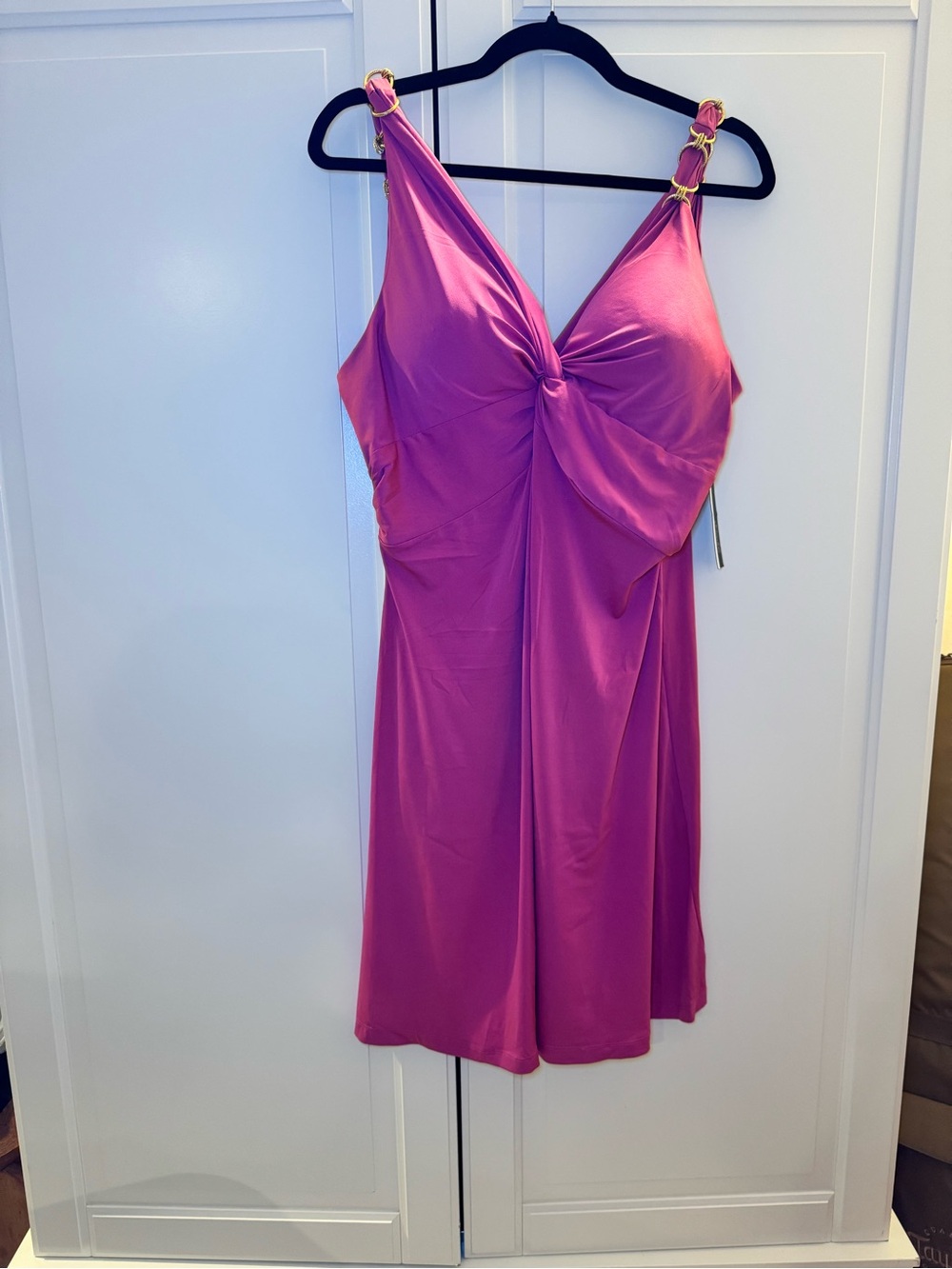 Essentials Fuchsia Twist-Front Mini Dress with Gold Rings
